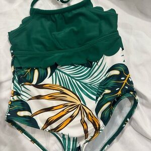 PatPat Green and Yellow Leafy Kids Swimwear
